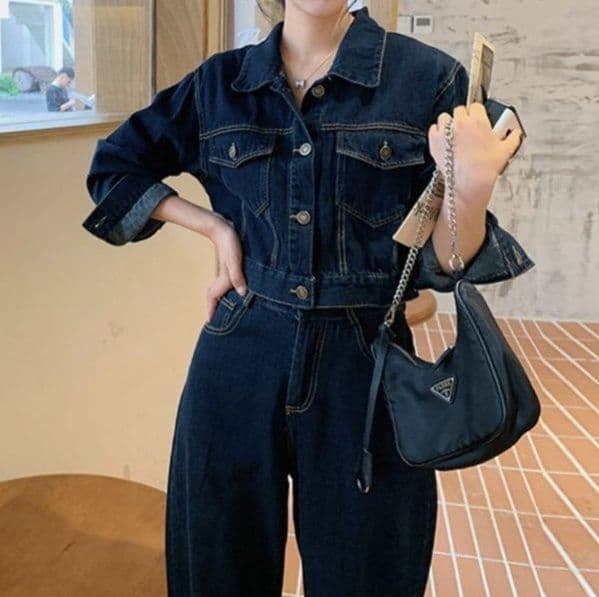 ダークデニムセットアップ シンプルショートジャケット×ワイドロングパンツ 塩系カジュアルな垢抜け2点セット