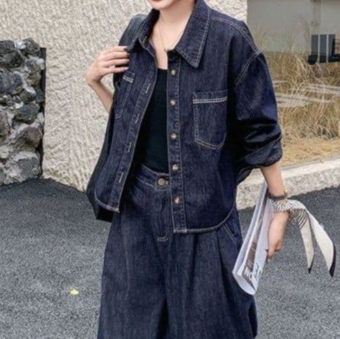 デニムセットアップ シンプルシャツジャケット&ワイドロングパンツ ゆる可愛い 大人カジュアル濃紺2点セット