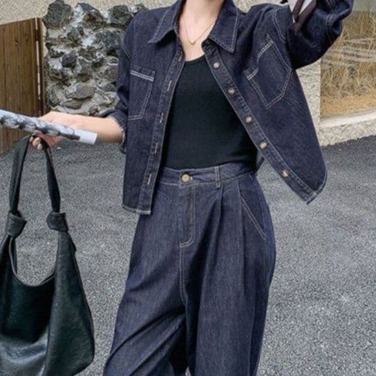 デニムセットアップ シンプルシャツジャケット&ワイドロングパンツ ゆる可愛い 大人カジュアル濃紺2点セット