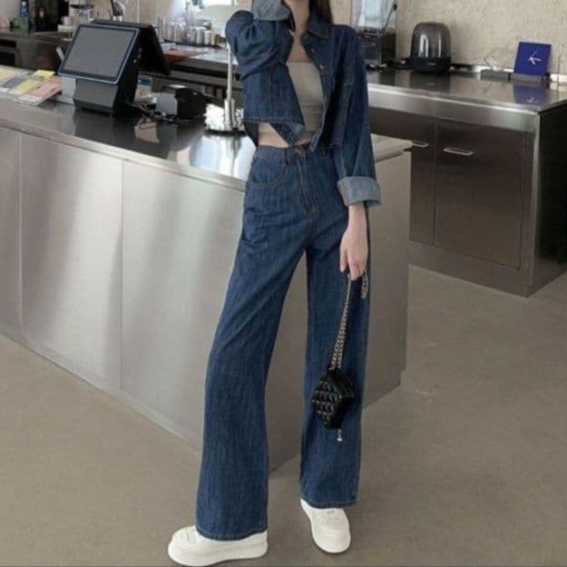 デニムセットアップ クラシカルコンパクトジャケット&ハイウエストワイドパンツ 華奢見え大人カジュアルコーデセット