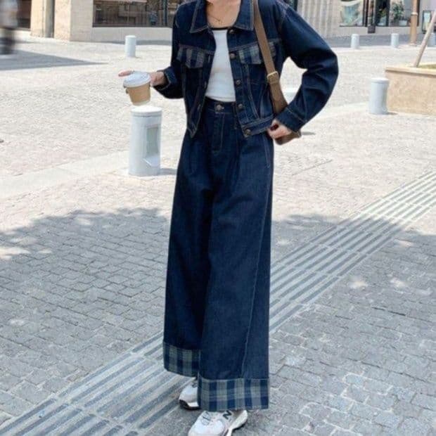 チェック切替デニムショートジャケット×ハイウエストワイドパンツ 大人カジュアル ゆるフェミセットアップ