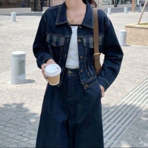チェック切替デニムショートジャケット×ハイウエストワイドパンツ 大人カジュアル ゆるフェミセットアップ