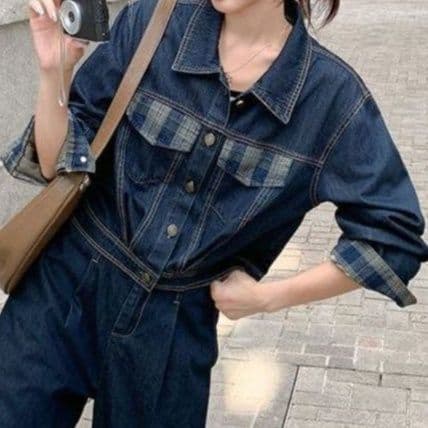 チェック切替デニムショートジャケット×ハイウエストワイドパンツ 大人カジュアル ゆるフェミセットアップ