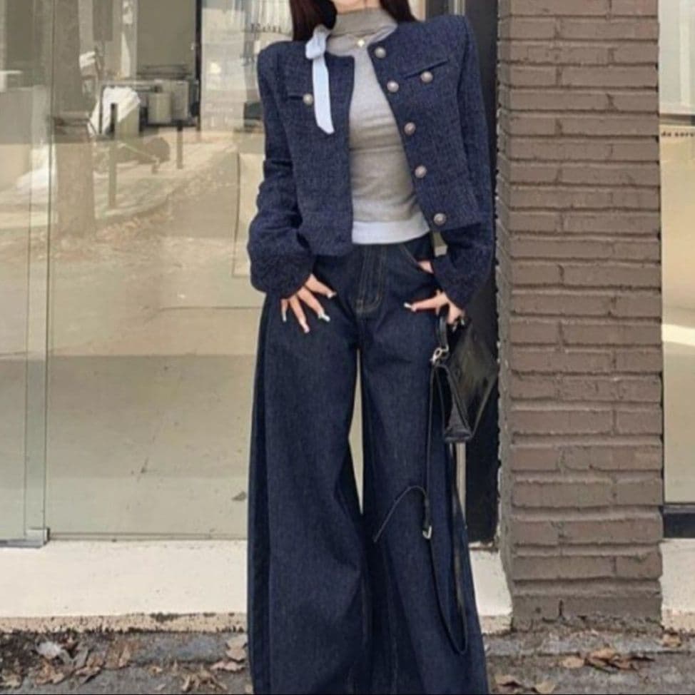 ノーカラーコンパクトデニムジャケット&リボントップス&ワイドパンツ 大きめサイズ◎ 上品細見えセットアップ(3点別売り)