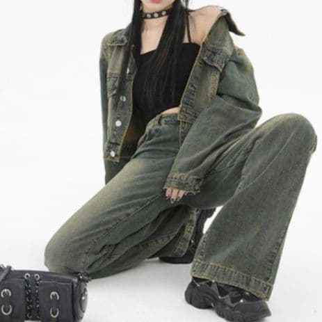 ユーズド加工デニムショートジャケット×ワイドロングパンツ ヴィンテージ風 ゆるY2Kセットアップ(上下別売り)