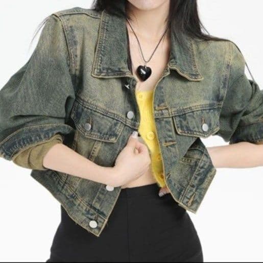 ユーズド加工デニムショートジャケット×ワイドロングパンツ ヴィンテージ風 ゆるY2Kセットアップ(上下別売り)