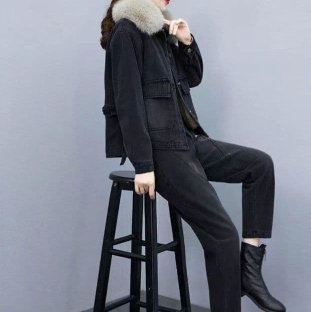 ファー付き裏起毛デニムジャケット&ストレートパンツ 冬向け あったかワークテイストセットアップ(上下別売り)