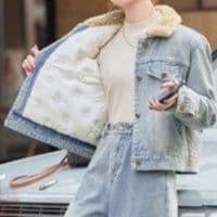 ボア襟デニムジャケット&ストレートワイドパンツ 上品色落ち ゆったりカジュアルセットアップ