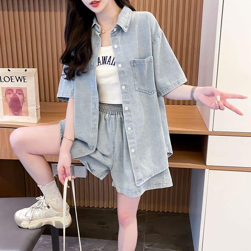 大きめサイズ◎半袖デニムシャツ×ショートパンツ ゆったりこなれ感 夏映えスポーティセットアップ