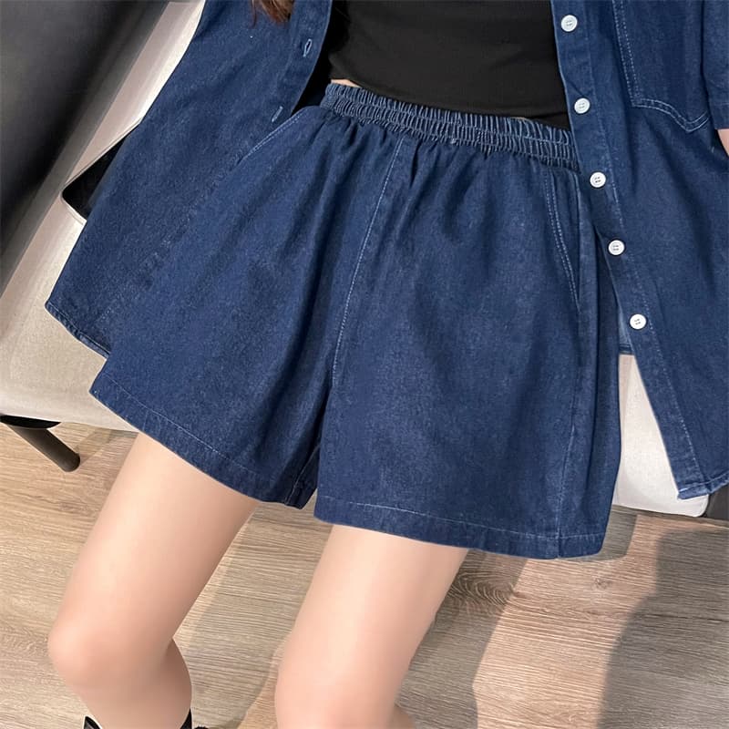 デニムセットアップ ゆったり半袖シャツ+ショートパンツ シンプルかわいい夏映え2点セット