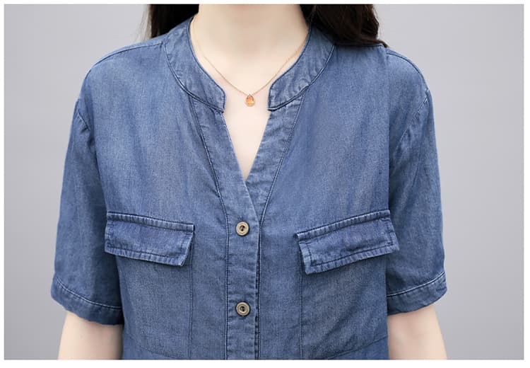 ゆったりノーカラー半袖シャツ+ワイドパンツ 大きめサイズ◎ 上品リラックス 薄手デニムセットアップ