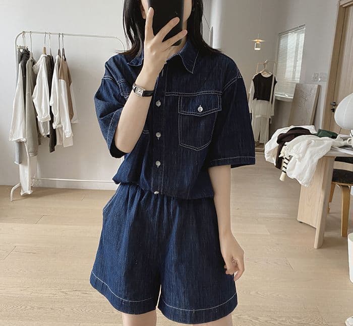 リラックスデニム半袖シャツ×ワイドショートパンツ ゆったり薄手 塩系細見えセットアップ