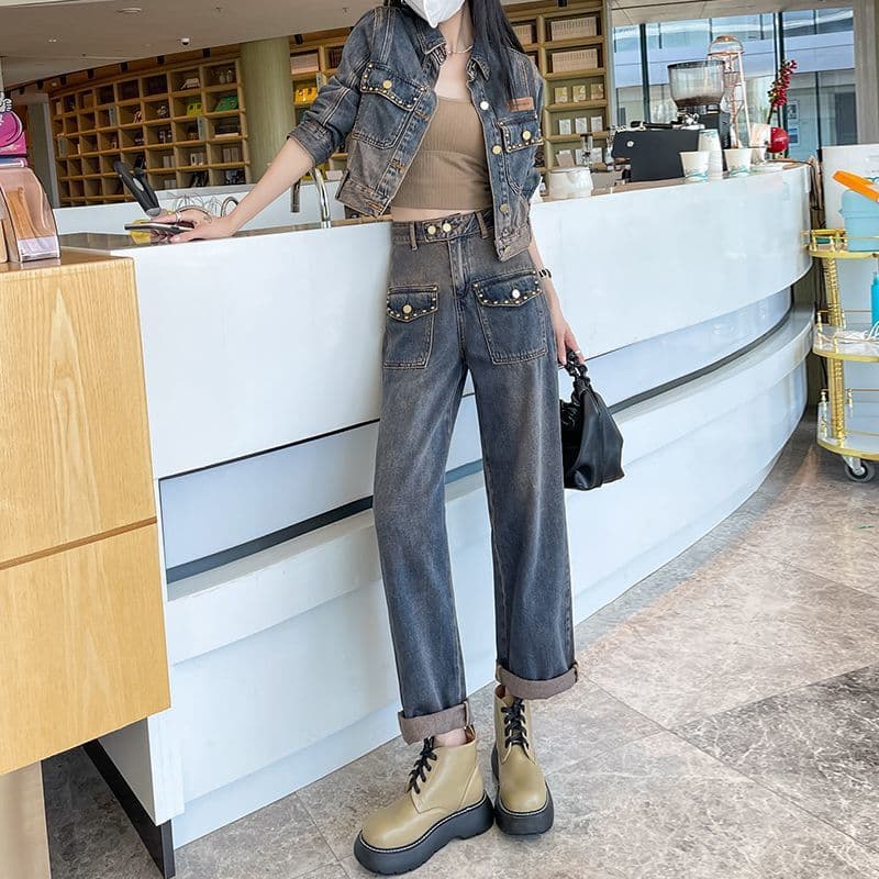 デニムセットアップ ヴィンテージ風ショートジャケット×ストレートワイドパンツ 欧風垢抜け 大人カジュアル2点セット