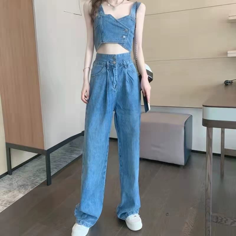 デニムセットアップ クロップド丈ビスチェトップス×ハイウエストロングパンツ 細見えカジュアル2点セット