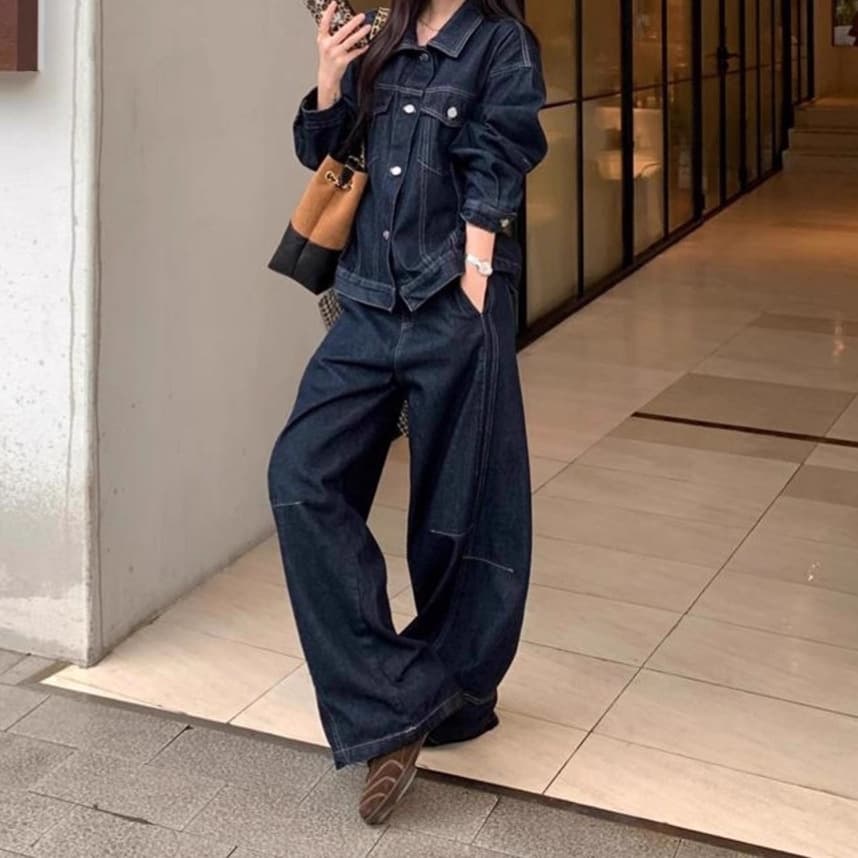 デニムセットアップ クラシックステッチジャケット&ワイドパンツ 大人カジュアル シンプル濃紺ツーピース(上下別売り)