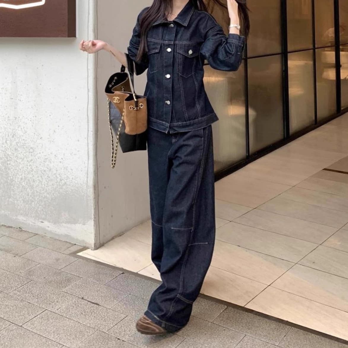 デニムセットアップ クラシックステッチジャケット&ワイドパンツ 大人カジュアル シンプル濃紺ツーピース(上下別売り)