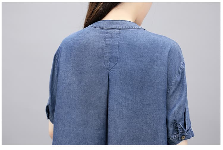 ゆったりノーカラー半袖シャツ+ワイドパンツ 大きめサイズ◎ 上品リラックス 薄手デニムセットアップ