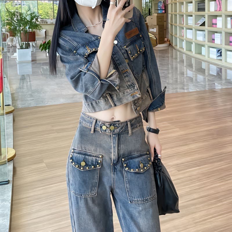 デニムセットアップ ヴィンテージ風ショートジャケット×ストレートワイドパンツ 欧風垢抜け 大人カジュアル2点セット