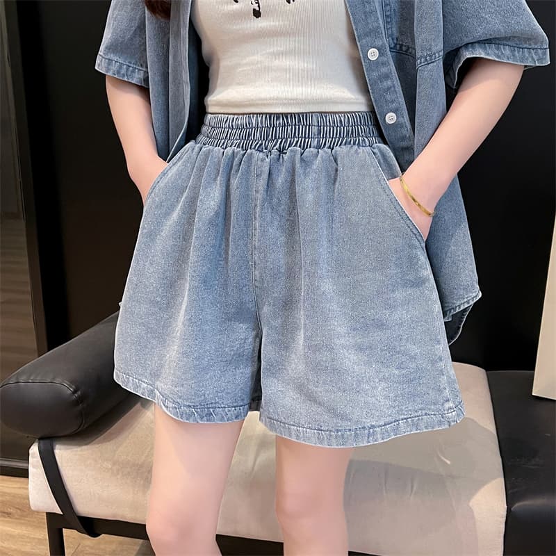 デニムセットアップ ゆったり半袖シャツ+ショートパンツ シンプルかわいい夏映え2点セット