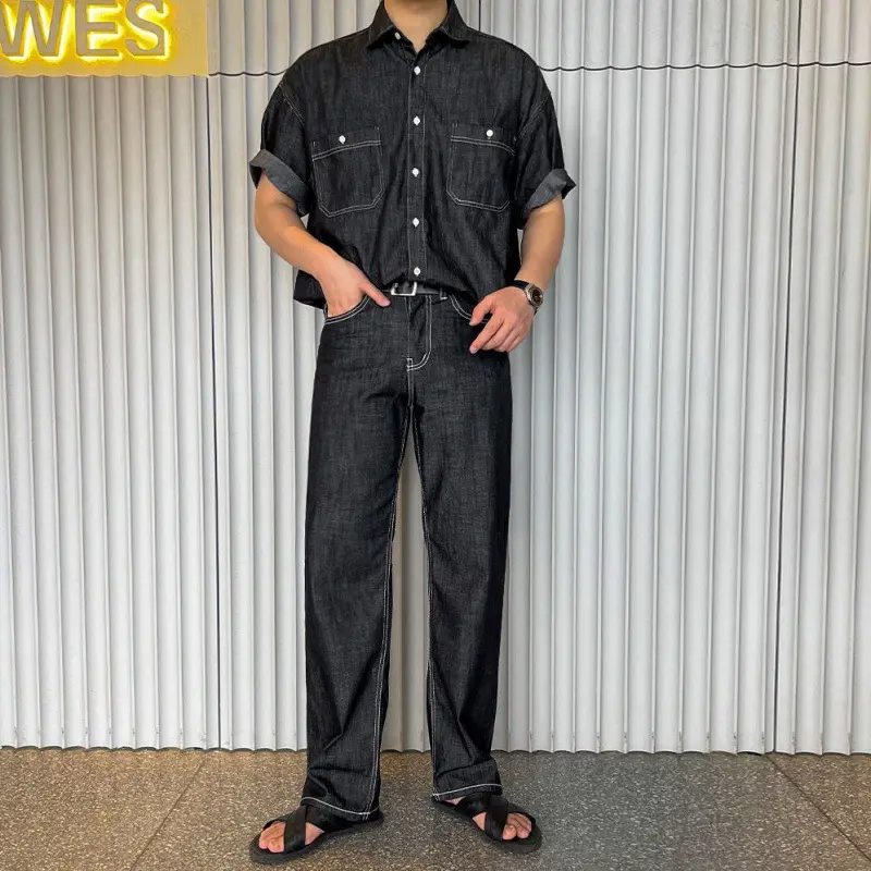 半袖デニムシャツ×ストレートパンツ メンズ向け 上質クラシカルブラックデニムセットアップ