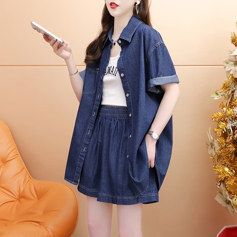 デニムセットアップ 甘辛ミックス 韓国風半袖シャツとショートパンツの夏用二点セット
