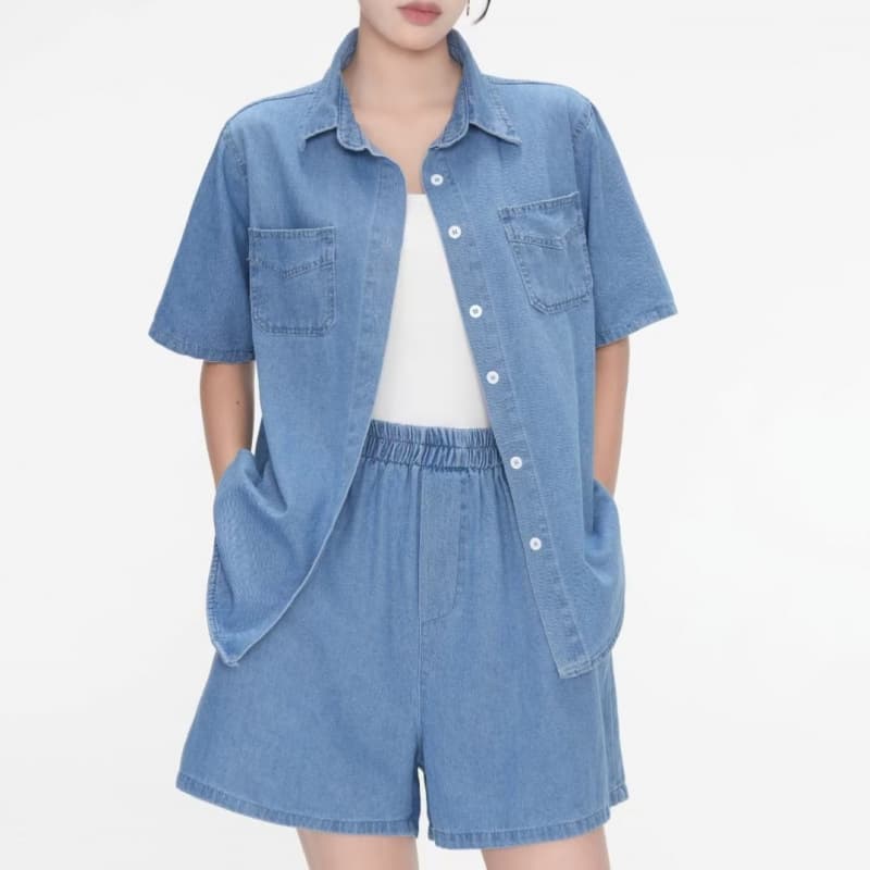 デニムセットアップ ゆったり半袖シャツ+ショートパンツ シンプル万能 夏のゆるかわ上下セット