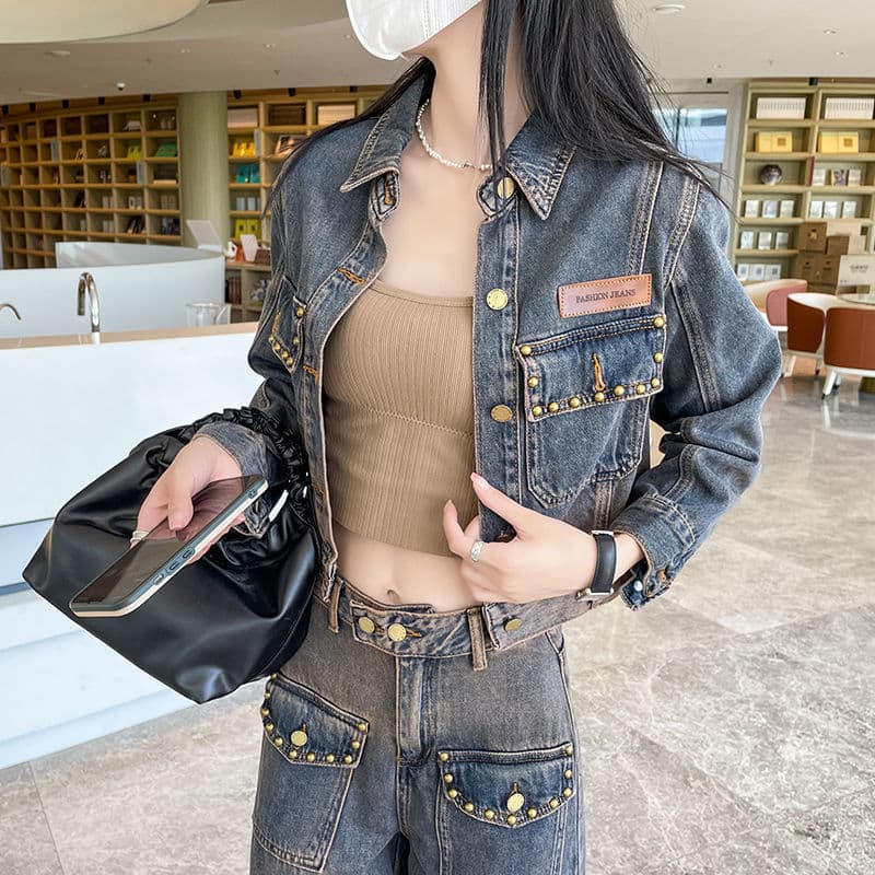 デニムセットアップ ヴィンテージ風ショートジャケット×ストレートワイドパンツ 欧風垢抜け 大人カジュアル2点セット