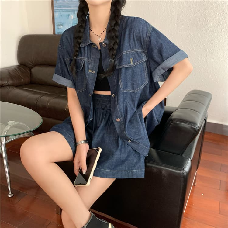 デニムセットアップ ゆったり薄手半袖シャツ&ショートパンツ 夏のレトロ塩系2点セット