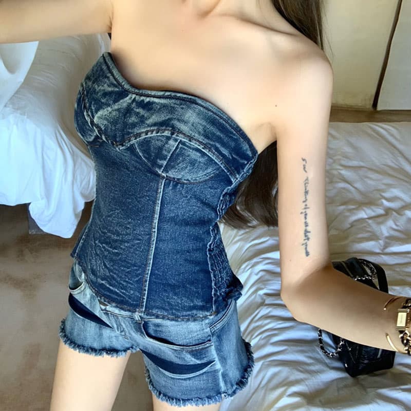 コルセット風色落ち加工デニムビスチェ&裾フリンジショートパンツ 小柄さん向け 大人可愛い細見えカジュアルセットアップ