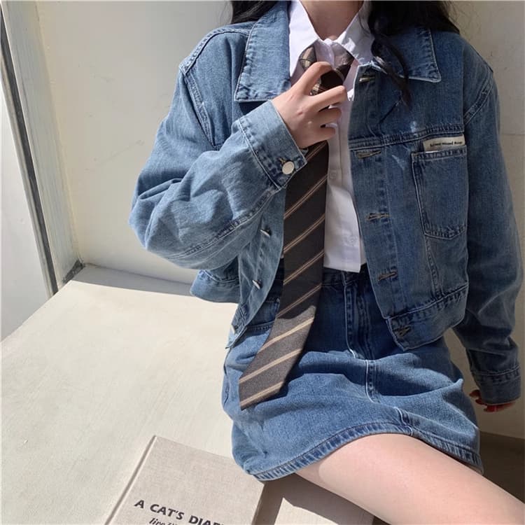 クラシカルショート丈デニムジャケット×ミニスカート 制服風クールガーリーセットアップ