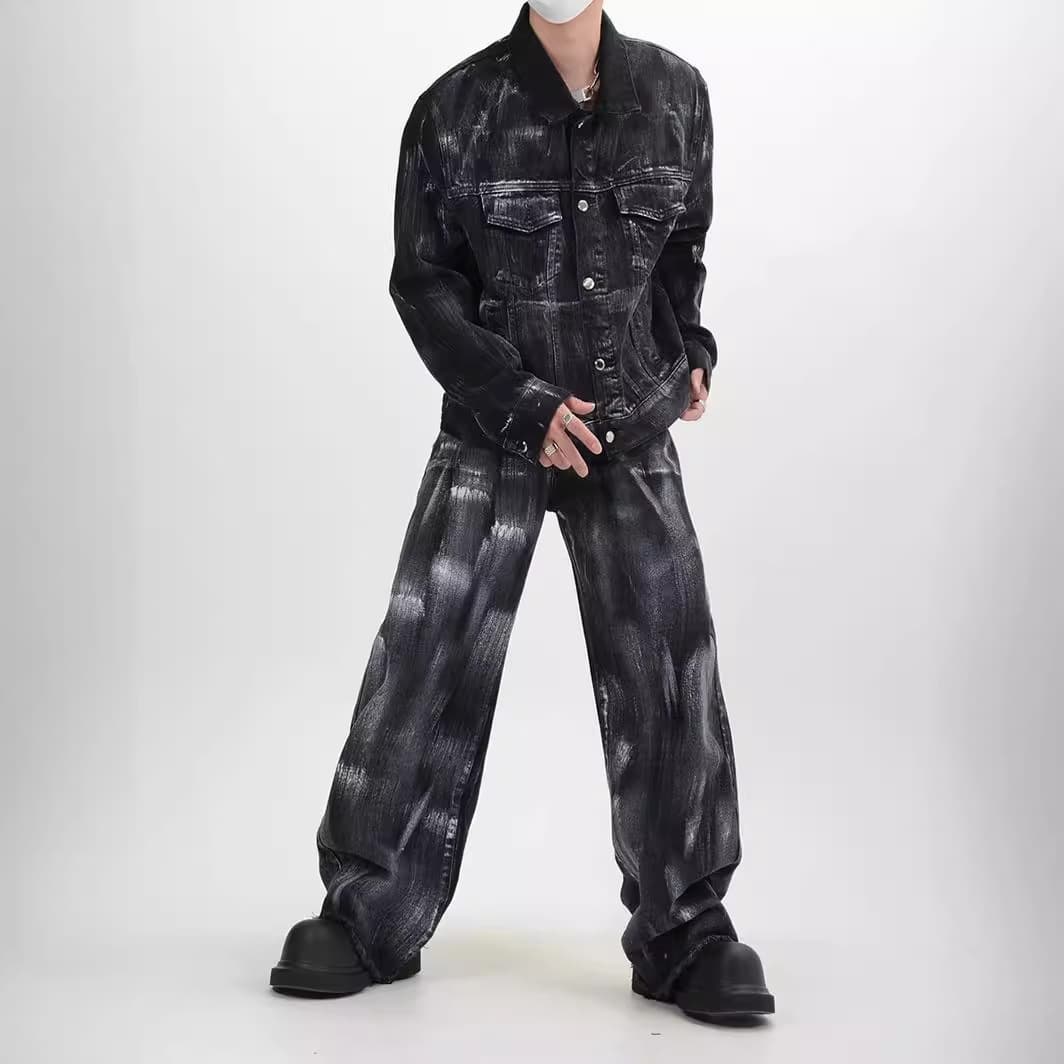 ブラックデニムセットアップ スプラッシュ加工ジャケット×ワイドパンツ メンズ向け 個性派ヴィンテージ風コーデセット
