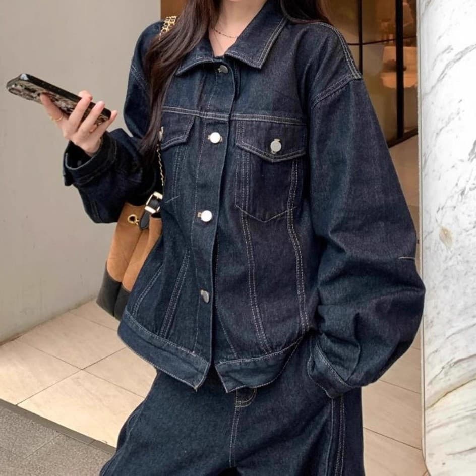 デニムセットアップ クラシックステッチジャケット&ワイドパンツ 大人カジュアル シンプル濃紺ツーピース(上下別売り)