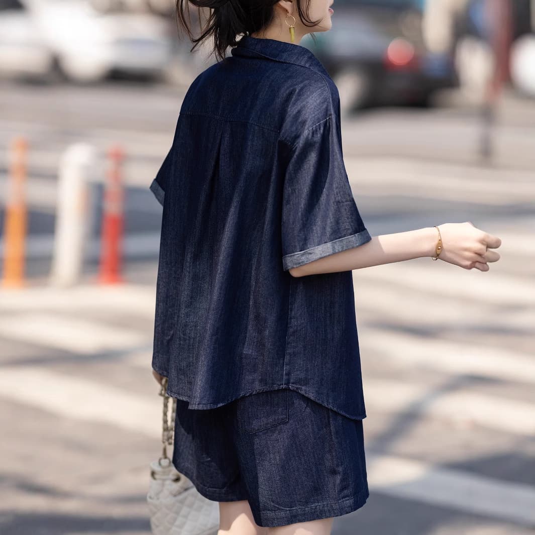 デニムセットアップ ゆったり半袖シャツ&ショートパンツ きれいめカジュアル 細見え上下セット