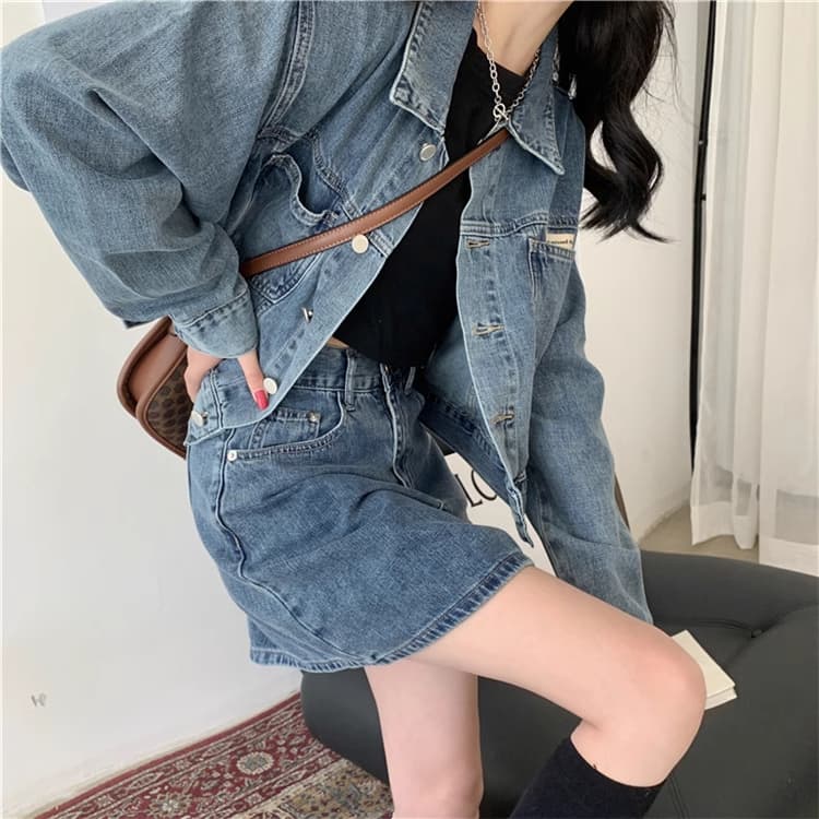 クラシカルショート丈デニムジャケット×ミニスカート 制服風クールガーリーセットアップ