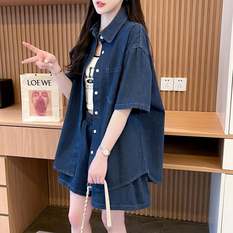 大きめサイズ◎半袖デニムシャツ×ショートパンツ ゆったりこなれ感 夏映えスポーティセットアップ