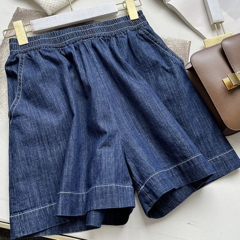 リラックスデニム半袖シャツ×ワイドショートパンツ ゆったり薄手 塩系細見えセットアップ