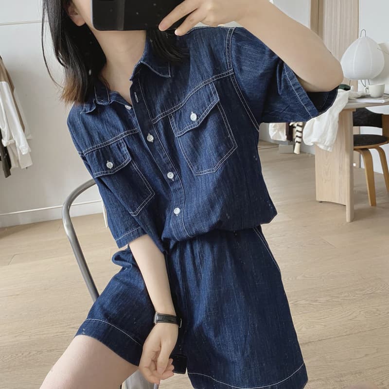 リラックスデニム半袖シャツ×ワイドショートパンツ ゆったり薄手 塩系細見えセットアップ