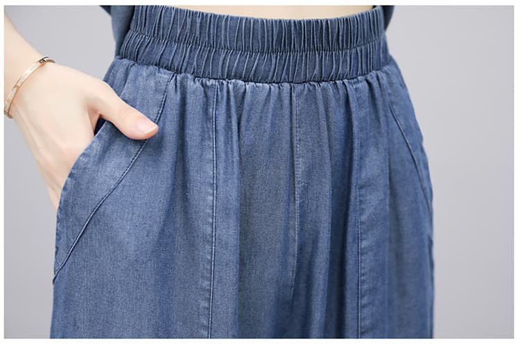 ゆったりノーカラー半袖シャツ+ワイドパンツ 大きめサイズ◎ 上品リラックス 薄手デニムセットアップ