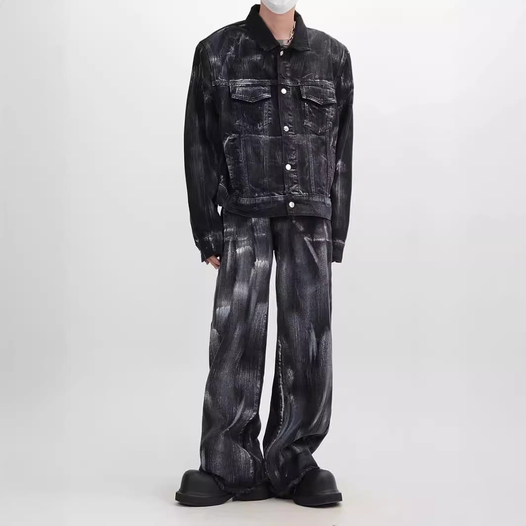 ブラックデニムセットアップ スプラッシュ加工ジャケット×ワイドパンツ メンズ向け 個性派ヴィンテージ風コーデセット