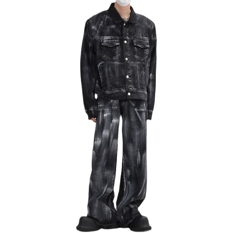 ブラックデニムセットアップ スプラッシュ加工ジャケット×ワイドパンツ メンズ向け 個性派ヴィンテージ風コーデセット