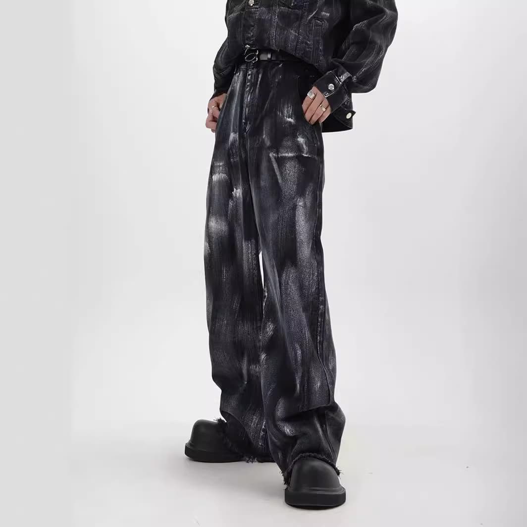 ブラックデニムセットアップ スプラッシュ加工ジャケット×ワイドパンツ メンズ向け 個性派ヴィンテージ風コーデセット