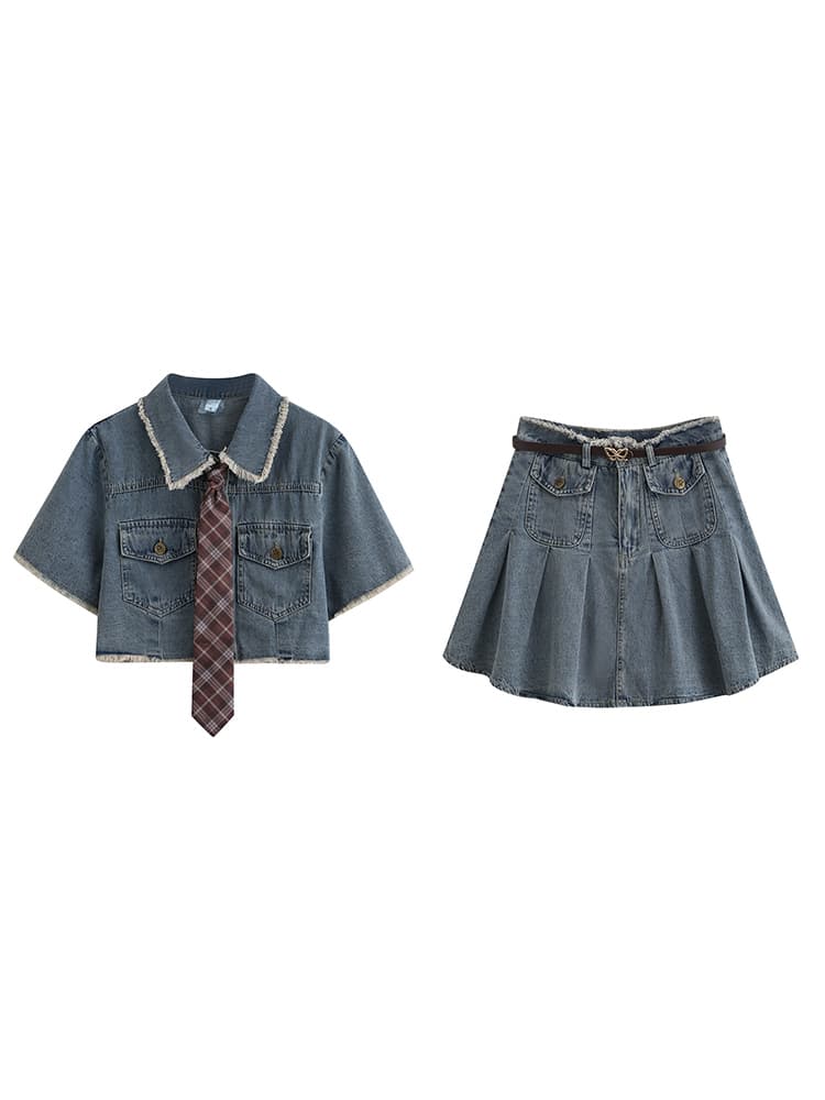 デニムセットアップ 半袖ショートジャケット&プリーツミニスカート 学生風ガーリーカジュアルツーピース