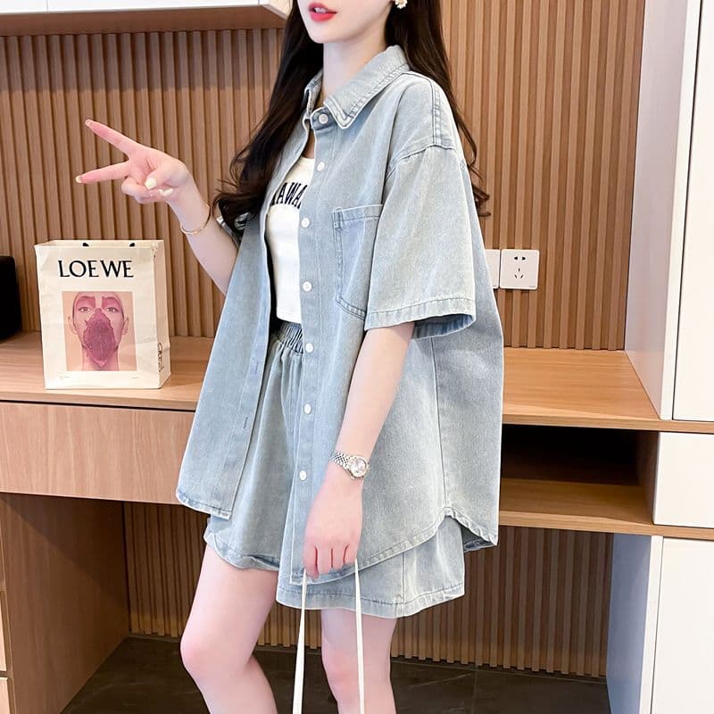 大きめサイズ◎半袖デニムシャツ×ショートパンツ ゆったりこなれ感 夏映えスポーティセットアップ