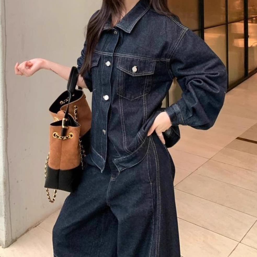 デニムセットアップ クラシックステッチジャケット&ワイドパンツ 大人カジュアル シンプル濃紺ツーピース(上下別売り)