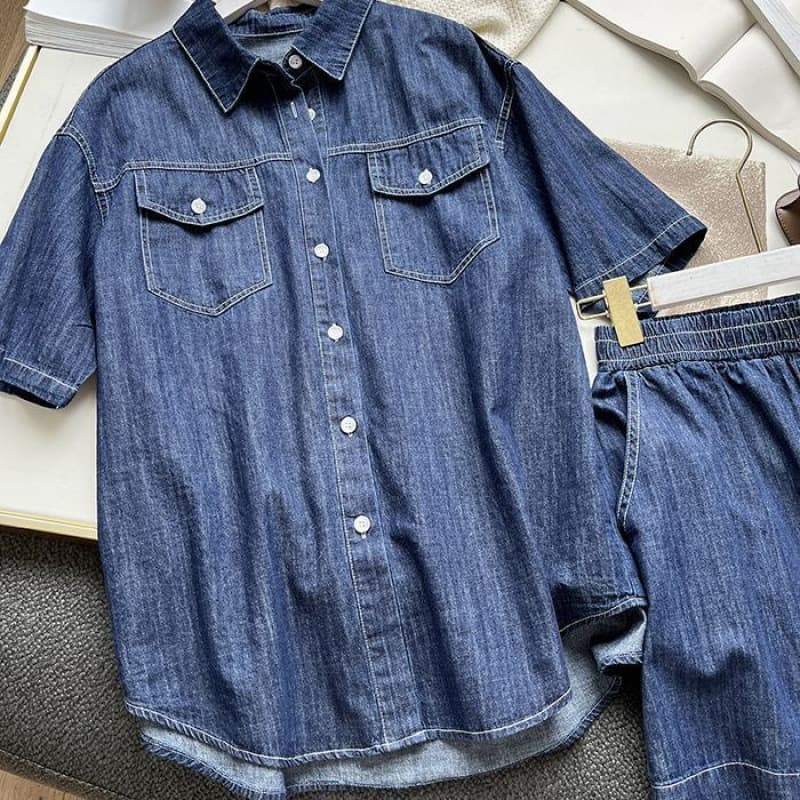 リラックスデニム半袖シャツ×ワイドショートパンツ ゆったり薄手 塩系細見えセットアップ